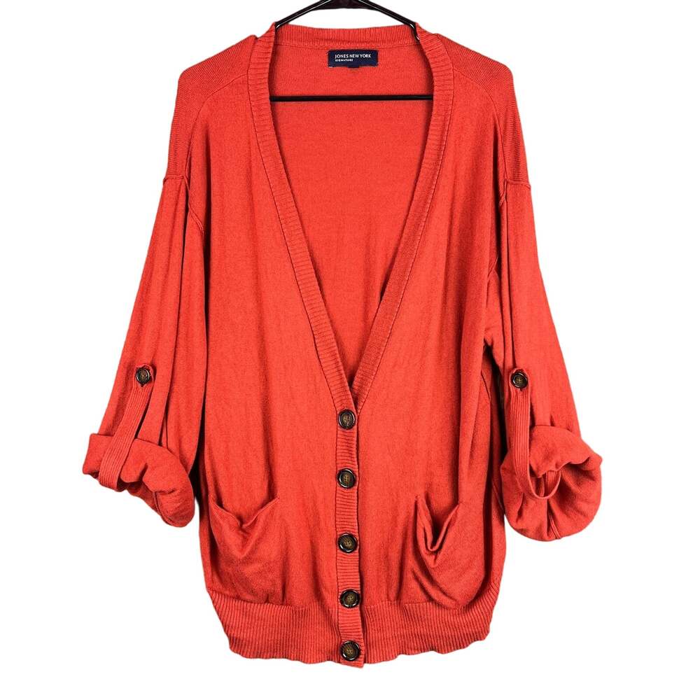 Jones New York Womens Cardigan Orange Cashmere Wool Button Up Roll Tab Sleeve XL